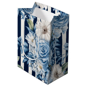 White Blue Stripes Floral Bridal Shower Medium Gift Bag