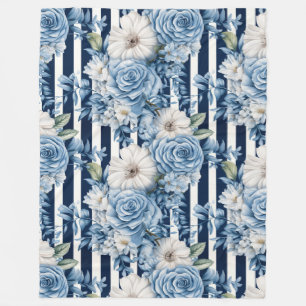 White Blue Stripes Floral   Fleece Blanket