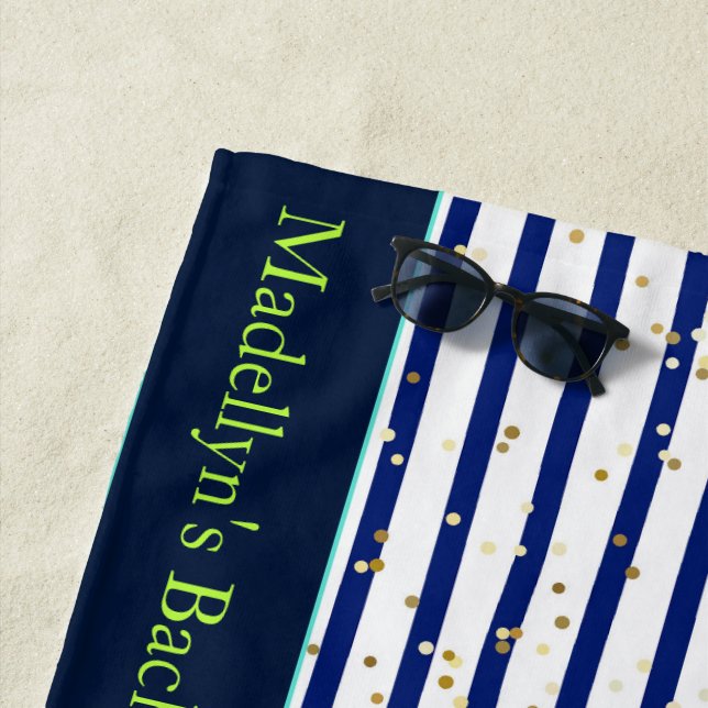 White Blue Stripes Wedding Modern Monogram Beach Towel (In Situ)