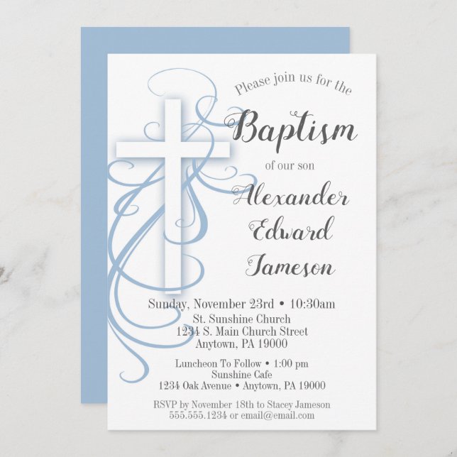 White Blue Swirl Cross Baptism Invitation Boys (Front/Back)