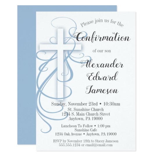 White Blue Swirl Cross Confirmation Invitation Boy