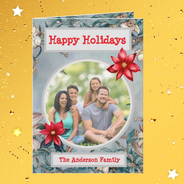 White, Blue Teal Floral Family Photo Holiday  Card (Creator Uploaded)