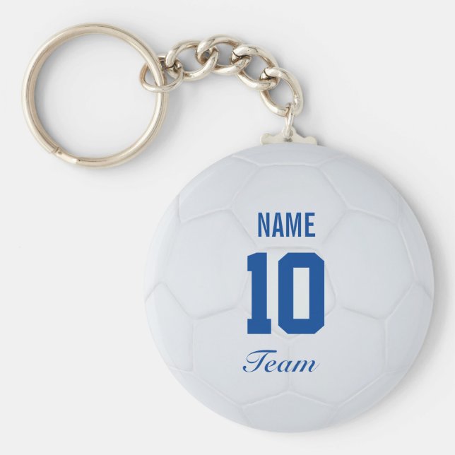 White Blue Team Soccer Ball Personalized Name Key Ring (Front)