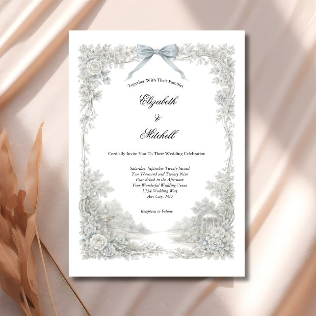 White Blue Toile Floral Coquette Bow Elegant  Invitation (White Ivory Light Blue Toile Florals and coquette Bow Elegant Wedding invitation. Printed or Digital)