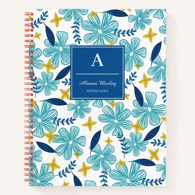 White Blue Tropical Floral Pattern Notebook (Front)