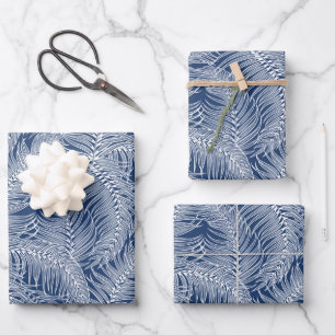 White Blue Tropical Palm Leaves Pattern Wrapping Paper Sheet