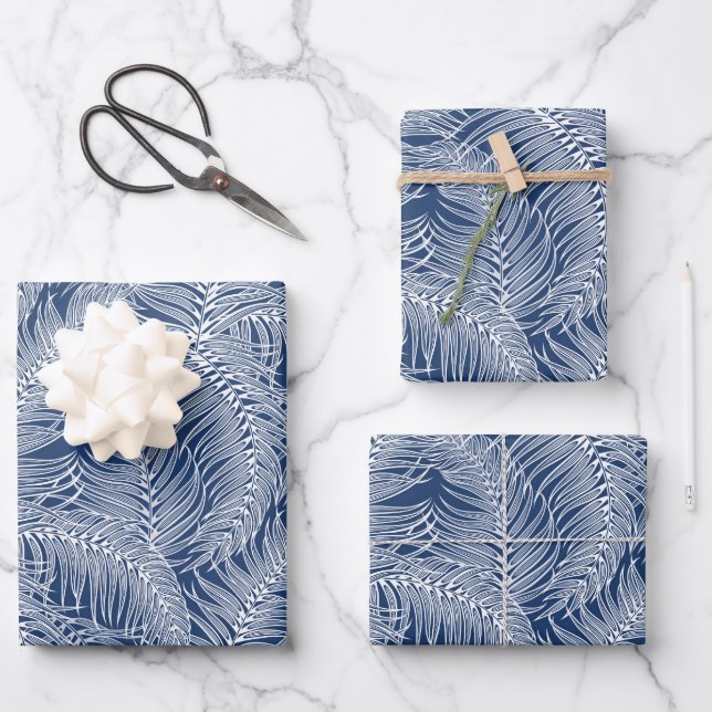 White Blue Tropical Palm Leaves Pattern Wrapping Paper Sheet (Front)