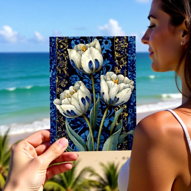 White Blue Tulip Damask Postcard (Creator Uploaded)