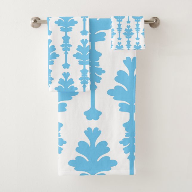 White & Blue Turquoise Damask Modern Glamour Bath Towel Set (Insitu)