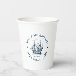 White & Blue Vintage Nautical Boat Illustration Paper Cups