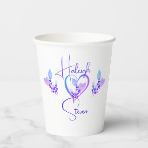 White, Blue, & Violet Floral Wedding Paper Cups