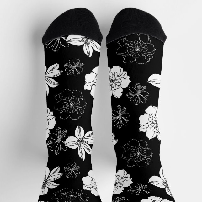 White & Blue Violet Graphic Floral Pattern Socks (Top)