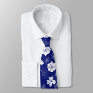 White & Blue Violet Graphic Floral Pattern Tie