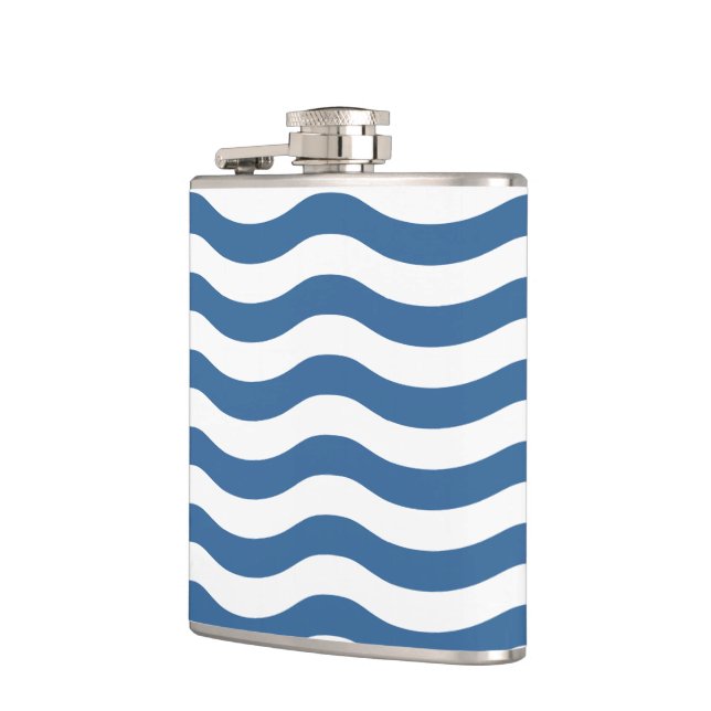 White Blue Wave Navy pattern Customise background Hip Flask (Left)