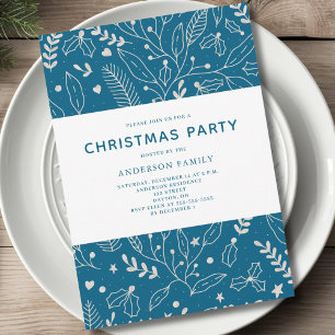 White Blue Winter Botanical Christmas Party Invitation