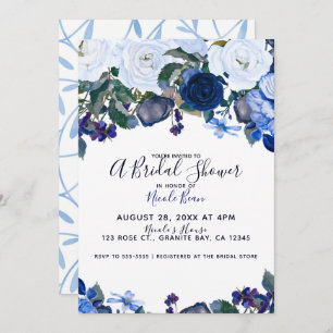White & Blue Winter Floral Bouquet Bridal Shower Invitation