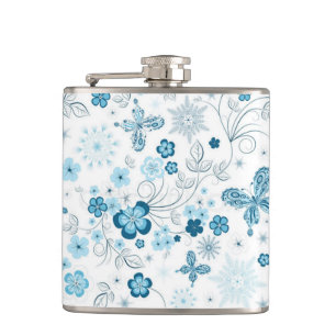 White Blue Winter Snowflakes Flowers Butterflies Hip Flask