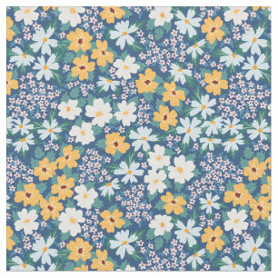 White Blue Yellow Flowers Floral Pattern Fabric