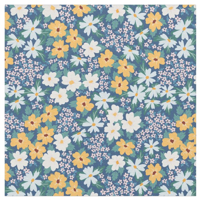 White Blue Yellow Flowers Floral Pattern Fabric (Close Up)