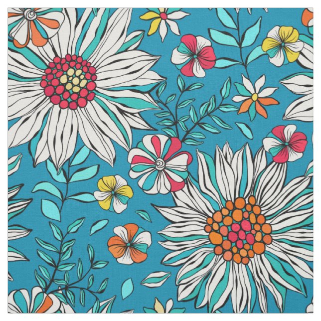 White Blue Yellow Orange Red Daisy Flowers Pattern Fabric (Swatch)