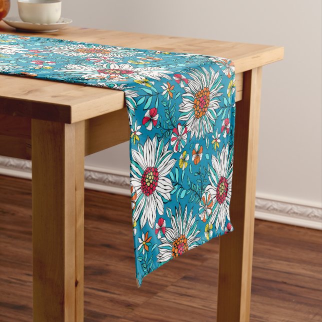 White Blue Yellow Orange Red Daisy Flowers Pattern Short Table Runner (In Situ)