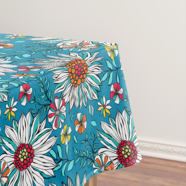 White Blue Yellow Orange Red Daisy Flowers Pattern Tablecloth (In Situ)
