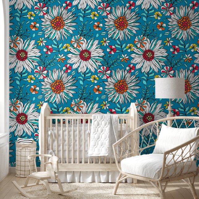 White Blue Yellow Orange Red Daisy Flowers Pattern Wallpaper (Kids)