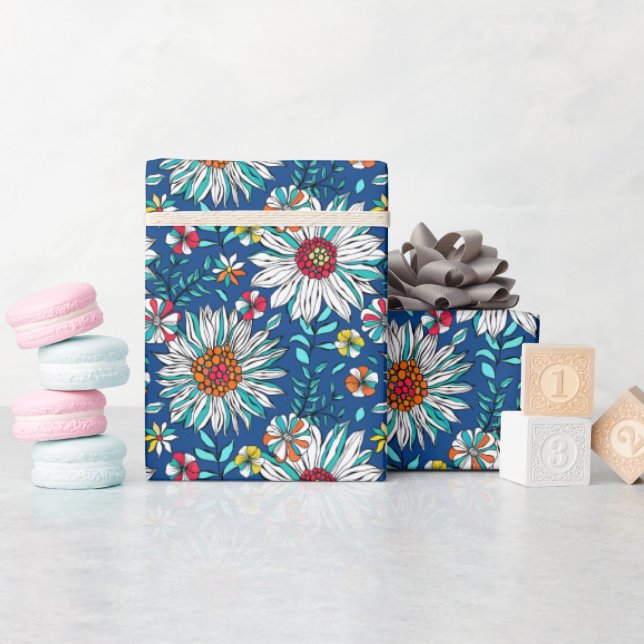 White Blue Yellow Orange Red Daisy Flowers Pattern Wrapping Paper (Baby Shower)