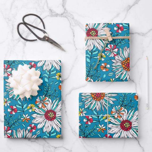White Blue Yellow Orange Red Daisy Flowers Pattern Wrapping Paper Sheet (Front)