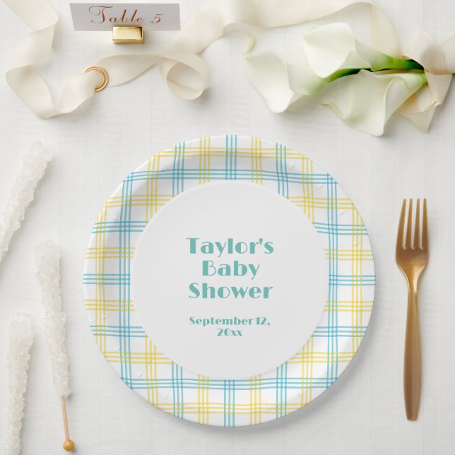 White Blue Yellow Stripes Baby Shower Paper Plate (Wedding)