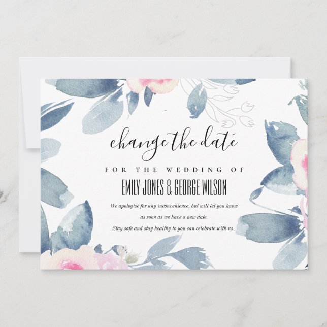 WHITE BLUSH BLUE FLORAL WEDDING CHANGE THE DATE INVITATION (Front)