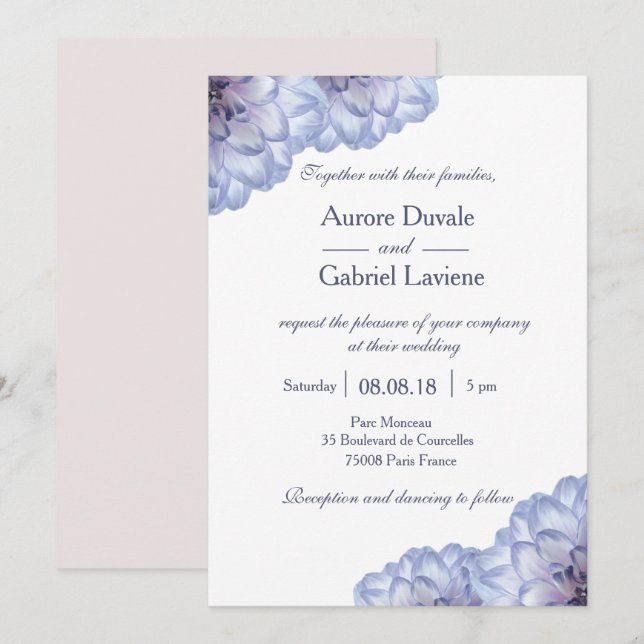 White blush blue lilac floral flowers wedding invitation (Front/Back)