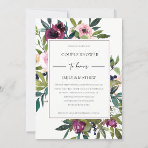 WHITE BLUSH BURGUNDY FLORAL BUNCH COUPLE SHOWER INVITATION