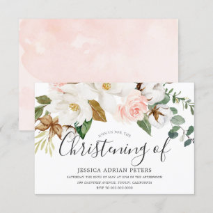 White & Blush Floral Baby Girl Christening Baptism Invitation