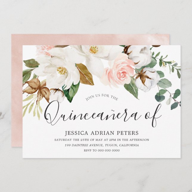 White & Blush Floral Beautiful Quinceanera Party Invitation (Front/Back)