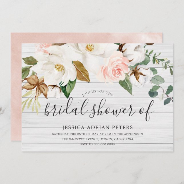 White Blush Floral Beautiful Rustic Bridal Shower Invitation (Front/Back)