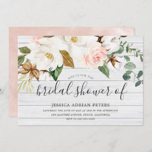 White Blush Floral Beautiful Rustic Bridal Shower Invitation