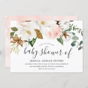 White & Blush Floral Boy or Girl Baby Shower Invitation