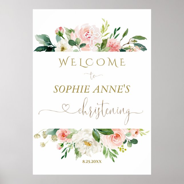 White Blush Floral Gold Christening Welcome Sign (Front)
