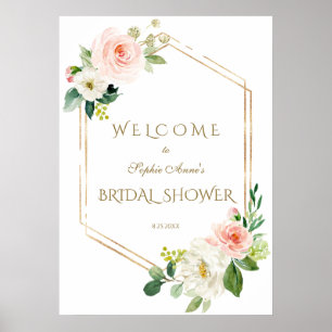 White Blush Floral Gold Welcome Bridal Shower Sign