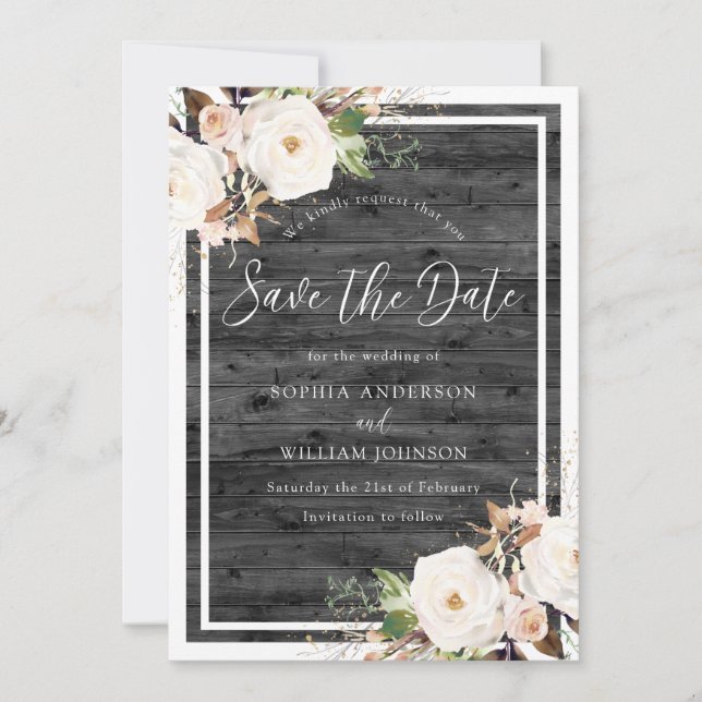 White & Blush Floral Rustic Charcoal Wood Wedding Save The Date (Front)