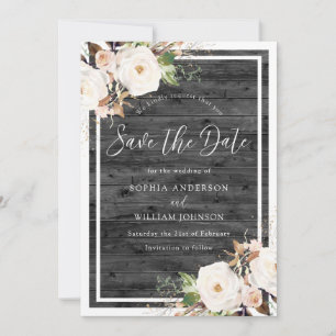 White & Blush Floral Rustic Charcoal Wood Wedding Save The Date