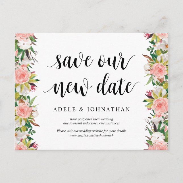 White Blush Florals, Save our new date, Postponed Postcard (Front)
