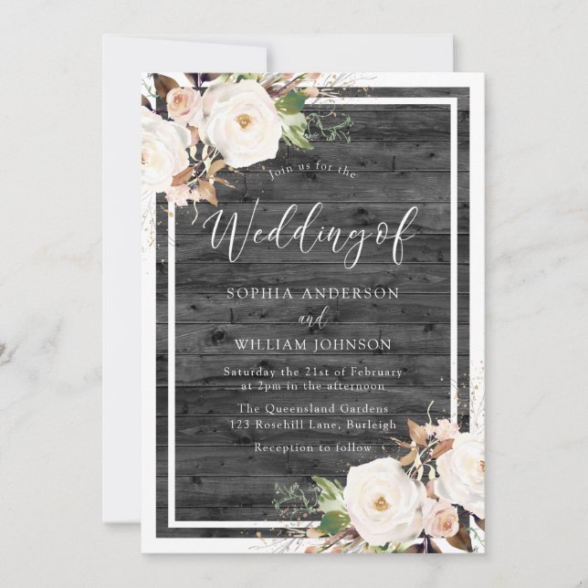 White & Blush Flowers Charcoal Rustic Wood Wedding Invitation (Front)