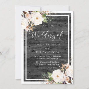 White & Blush Flowers Charcoal Rustic Wood Wedding Invitation