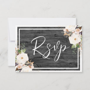 White & Blush Flowers Charcoal Rustic Wood Wedding RSVP Card