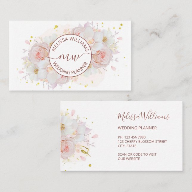 White Blush Flowers Logo Initials Business Card (Front/Back)