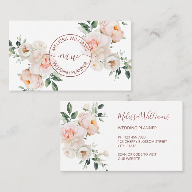 White Blush Flowers Logo Initials Business Card (Front/Back)