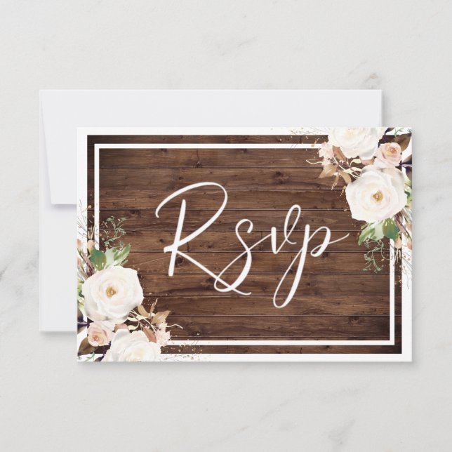 White & Blush Flowers Rustic Wood Wedding RSVP Card (Front)