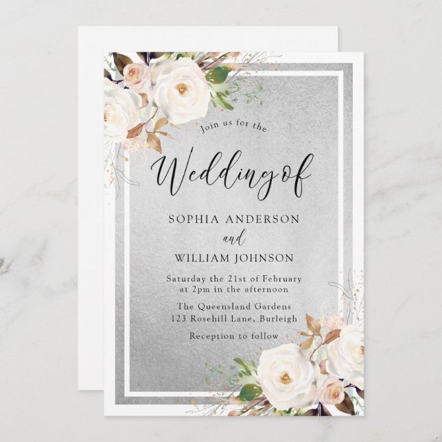 White & Blush Flowers Silver Elegant Wedding Invitation (Front/Back)
